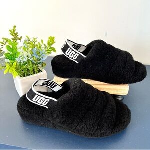 Ugg Fluff Yeah Fuzz Black Slide Open Toe Soft Shoe Slides Sandals Size 8